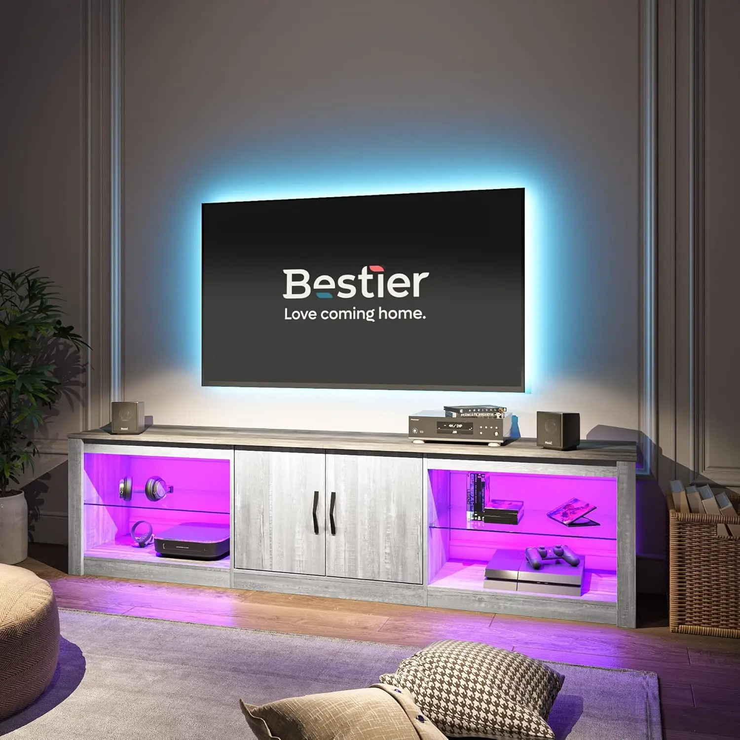 70 Inch Led Tv Stand Voor 75 Inch Tv Groot Entertainment Center Gaming Met Verstelbare Glazen Planken Twee Kasten Moderne Tv