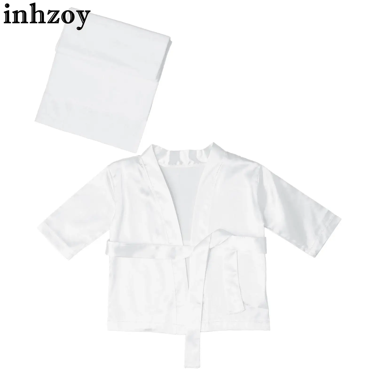 

Baby Girls Boys Christening Photography Costume Long Sleeve Open Front Satin Bathrobe with Belt Shower Cap Photoshoot Props Robe