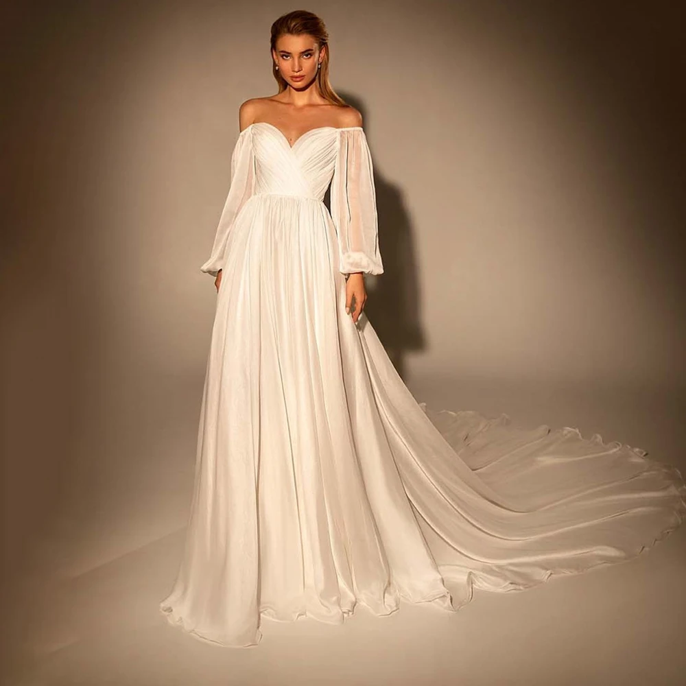 

2025 Off Shoulder Crisscross Ruched Chiffon Wedding Dress Simple Long Puff Sleeves Bridal Gowns Vestidos De Noiva