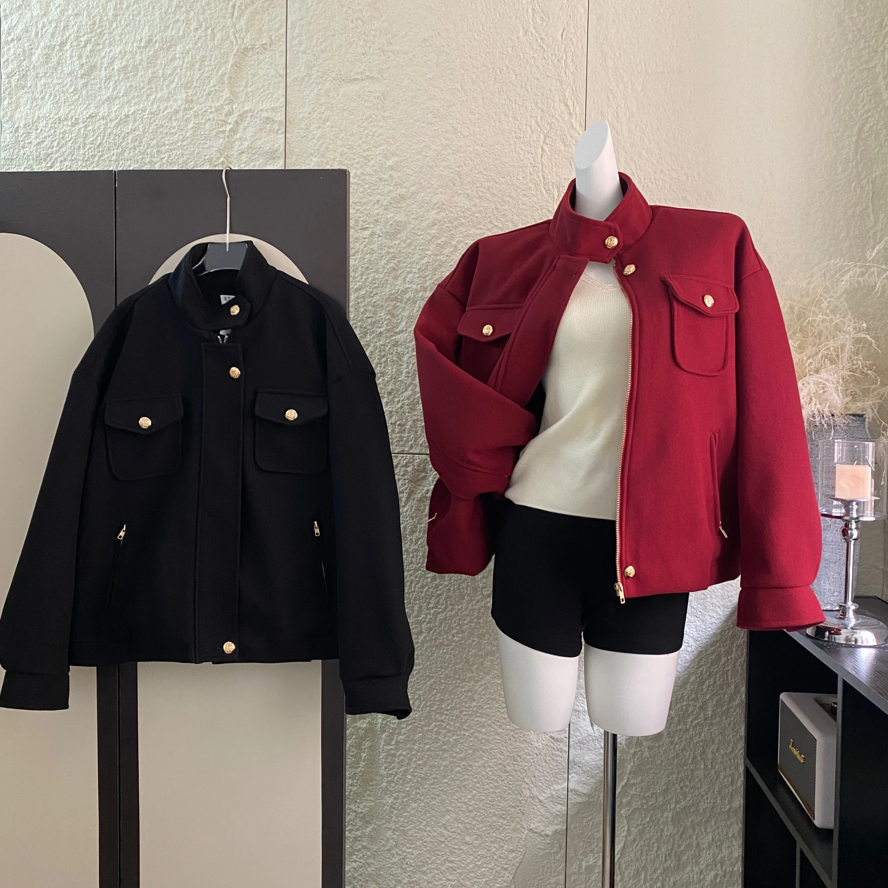 

Women's Autumn Winter Workwear Style Pockets Long Sleeve Jacket Lady Streetwear Stand Collar Wool&blend Loose Outwear