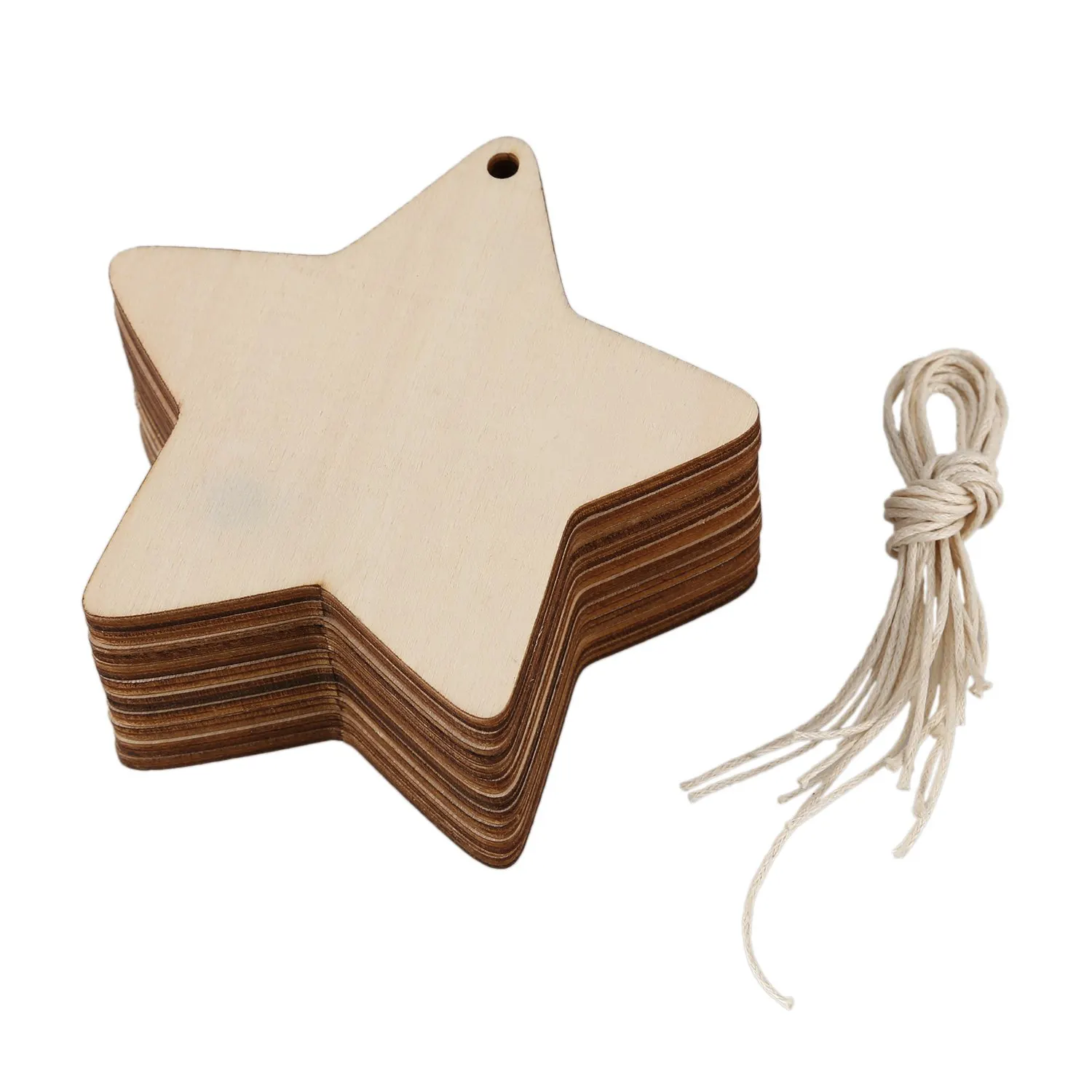 10 x etichette artigianali in legno semplice a forma di stella in legno con foro (10cm)