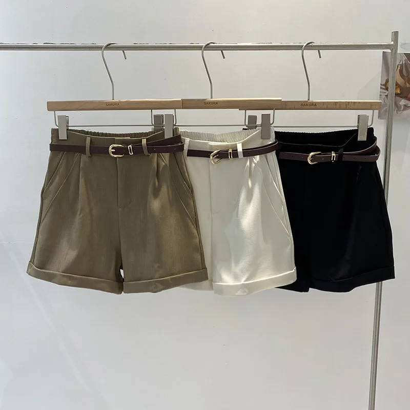 Spring 2024 Retro Commute OL Style High Waist Cuffed Wide Leg Shorts Casual Slimming Versatile Suit Pants for Women