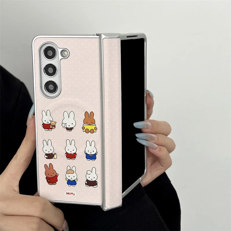 

Kawaii Miffy Character Magnetic Phone case For Samsung Galaxy Z Fold 4 5 6 7 Pink Polka Dot Shockproof Hard Phone Cover Galaxy W