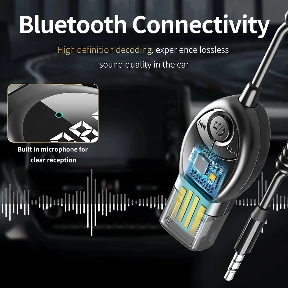 Receptor de áudio do carro FM com microfone, adaptador sem fio, Bluetooth 5.3, USB, 3,5mm AUX, chamada handsfree