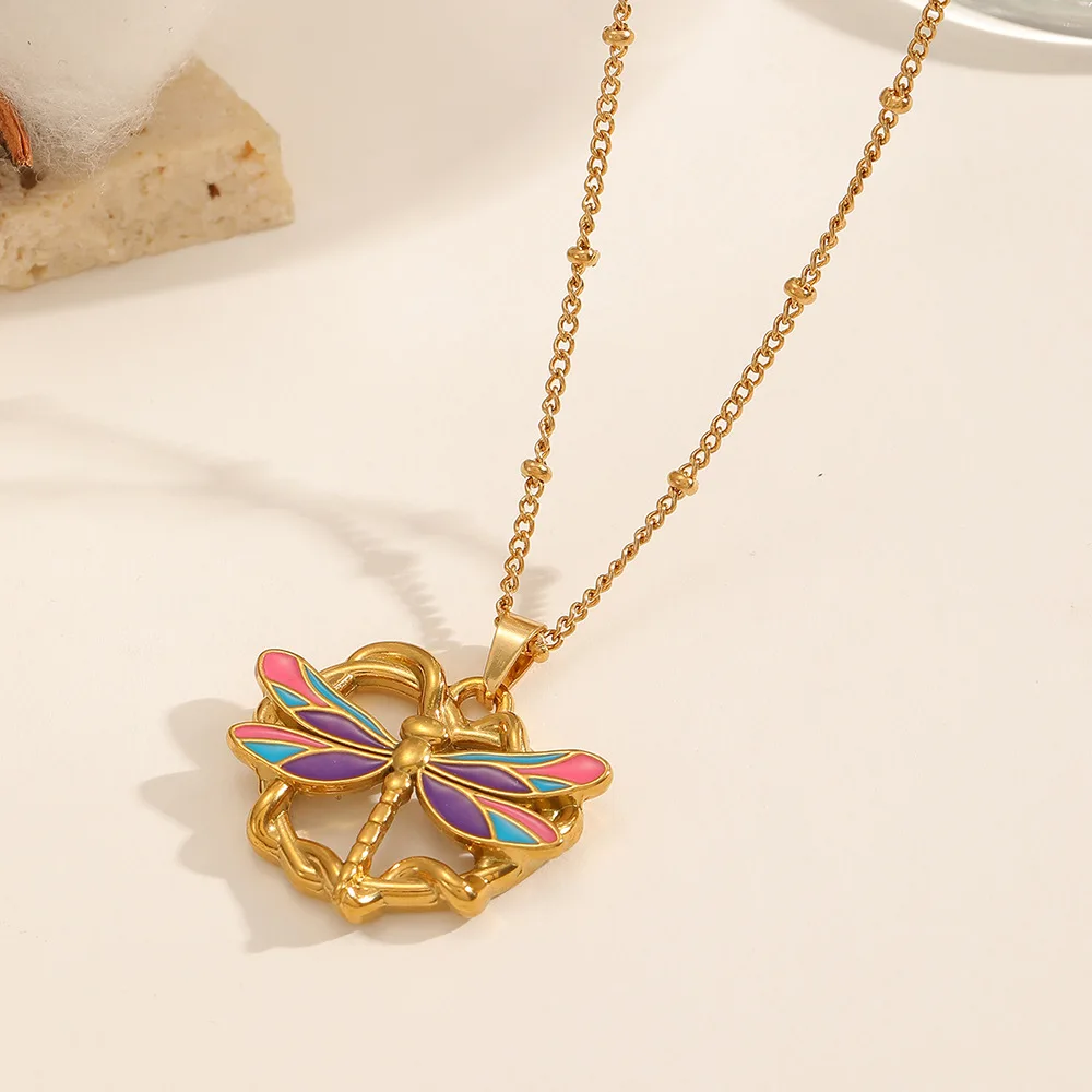 Coranda Women's Necklace 18K Gold Plated Stainless Steel Butterfly Flower Dragonfly Pendant Jewelry Gift