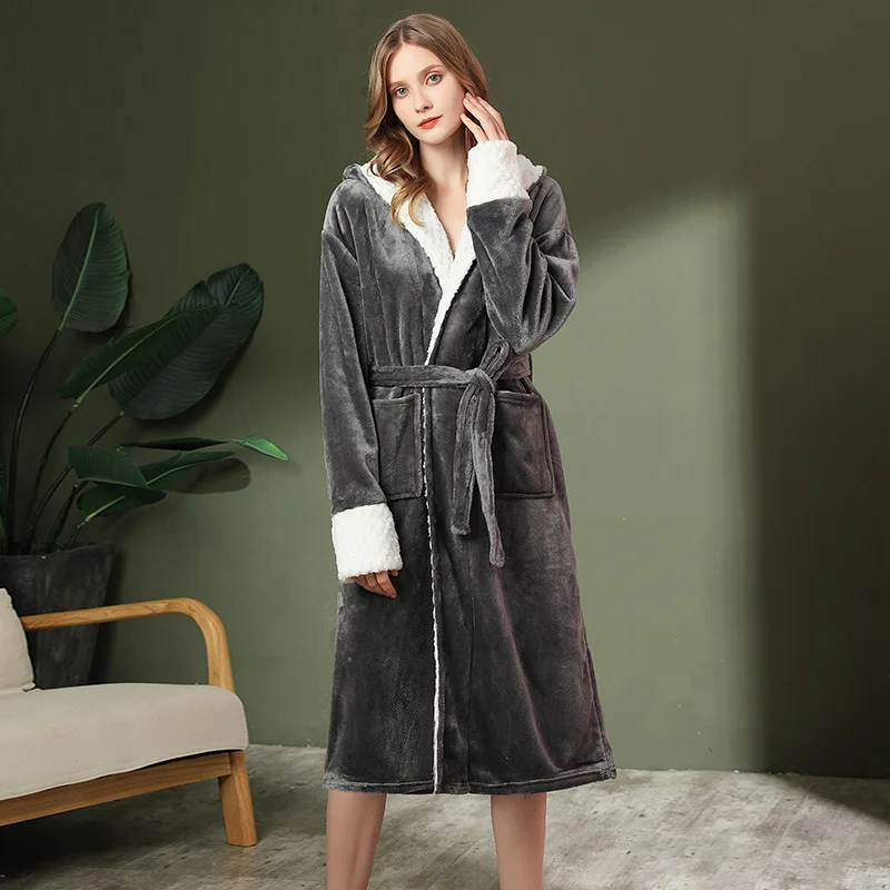 

Winter Women's Bathrobe Long Sleeve Hooded Thick Ladies Fleece Dressing Gown Long Sleeve Solid Pockets Bath Robe for Female