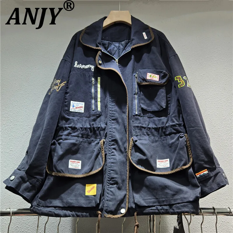 

ANJY осенне-зимнее женское модное стеганое пальто с тяжелой вышивкой и буквами, свободная повседневная стильная куртка на шнурке в стиле сафари A14511