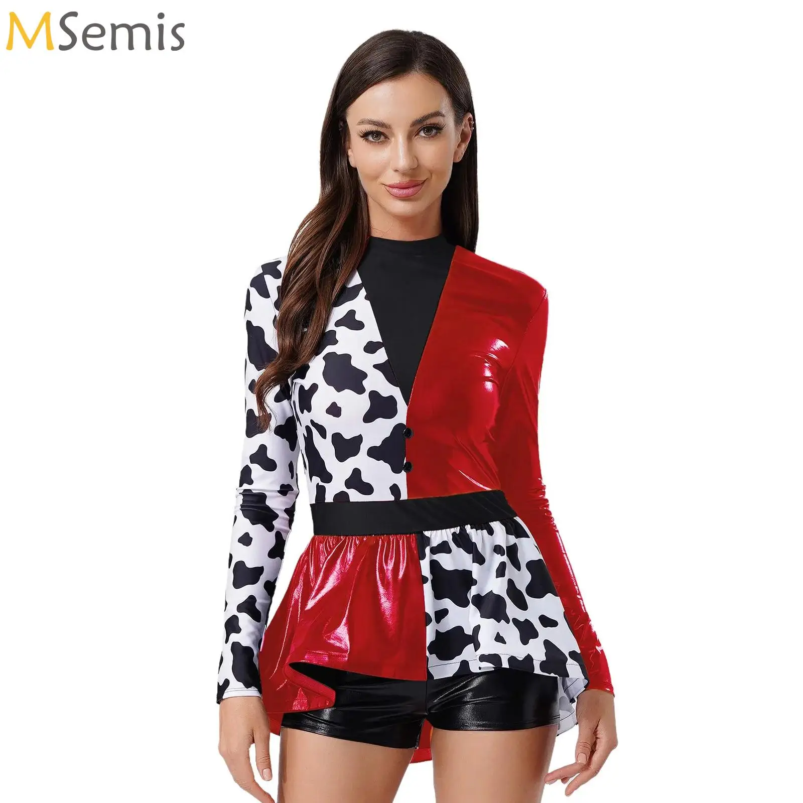 

Womens Devil Killer Clown Cosplay Dress Metallic Shiny Color Block Culottes Flared Dress Halloween Carnival Theme Party Costume