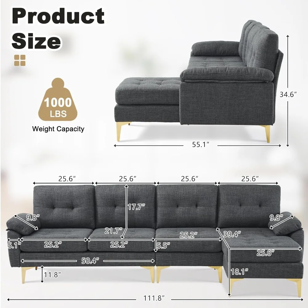 Comfortable L-Shape Sectional Couch Sofa for Modern Living Room | Non-Wrinkle Design for Relaxation