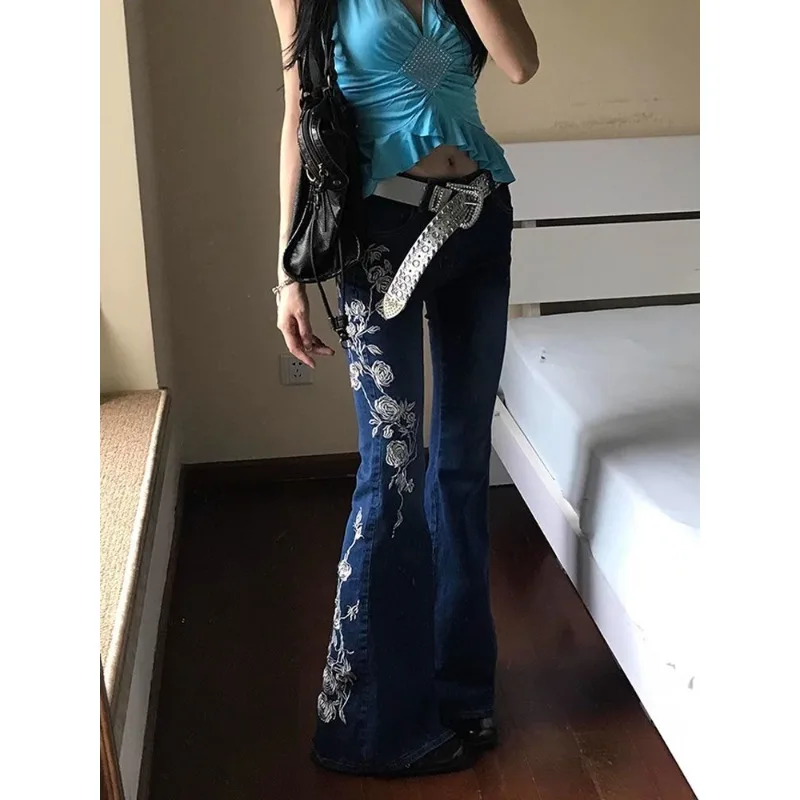Women's High Street Retro Rose Embroidered Jeans Y2K Millennial Spicy Girl Hip Hugging High Waisted Micro Flared Floor Pants