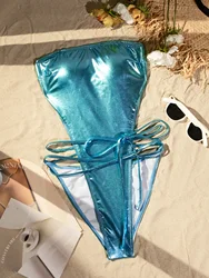 sexy glitter solid blue bandeau backless bandage swimsuit one piece bikini thong swimwear bodysuits women biquini bathing suits