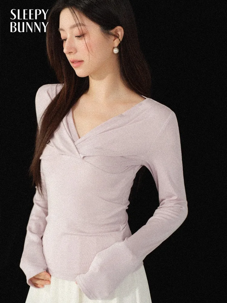 

Women Cross V Neck Long Sleeve T Shirt Elegant Slim Fit Spring Casual Stretch Top Office Layering Tee Lady Daily Fashion Shirt