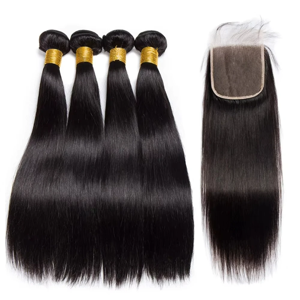 Brazilian Human Hair Bundles with Closure Straight Bundles with Closure 4 Bundles Human Hair with Lace Closure Free Part