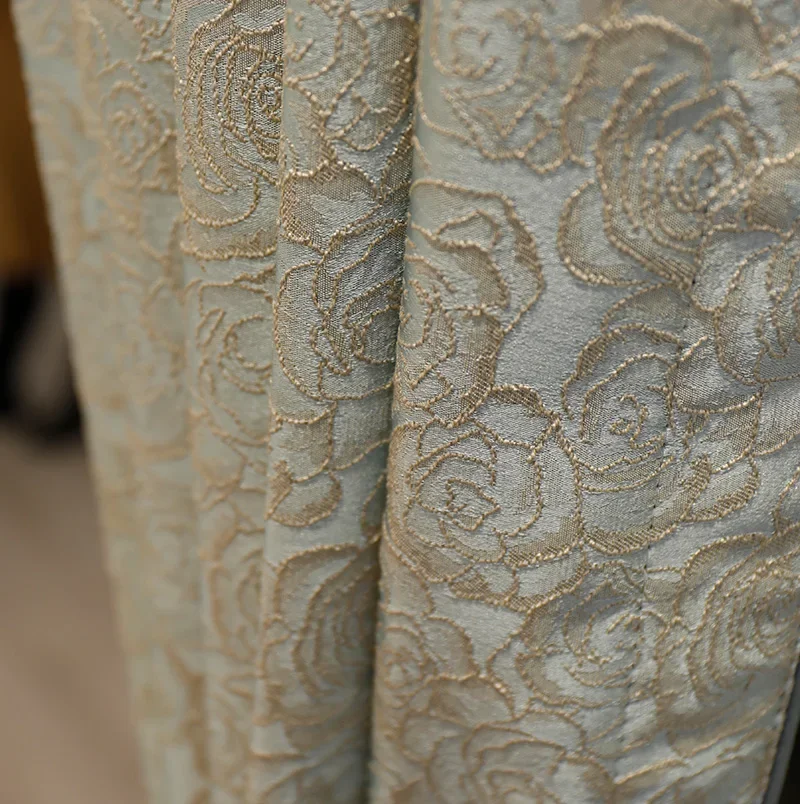 Rose Blue Gold Silk Embossed Jacquard Thickened Curtains for Living Room Bedroom French Window Customized Finished Products