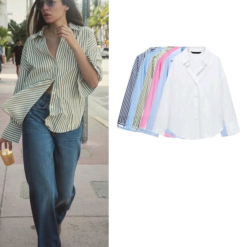 

Spring New Arrival Casual Long Sve Turn-down Collar Silk irt Women's Commute Versatile Single Row Multi-Bule irt