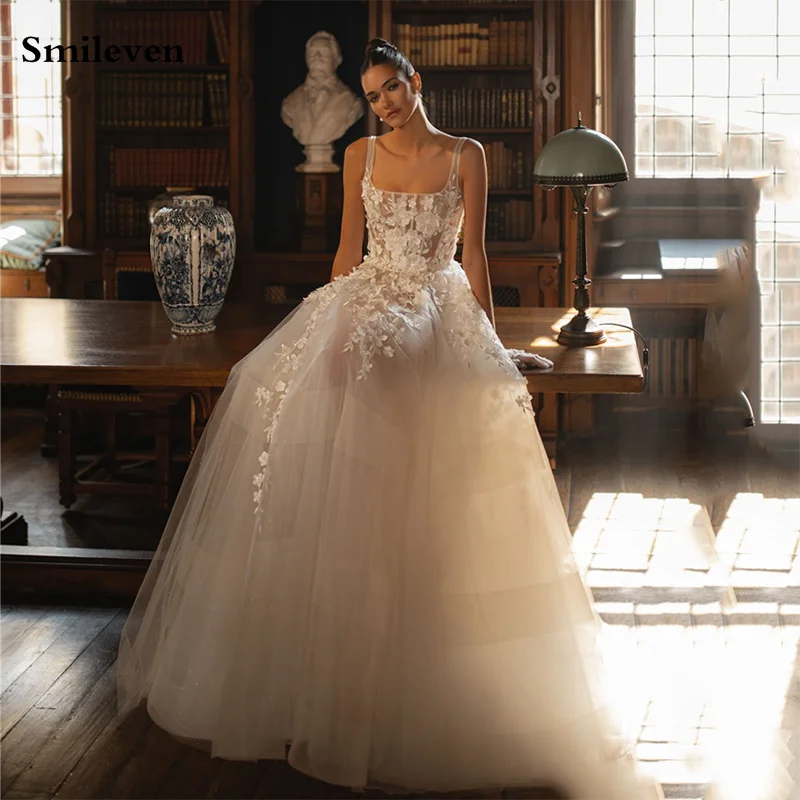 

Smileven Spaghetti Strap Lace Wedding Dress A Line Square Neck Bride Dresses Appliques Wedding Gowns Vestido de novia Customized