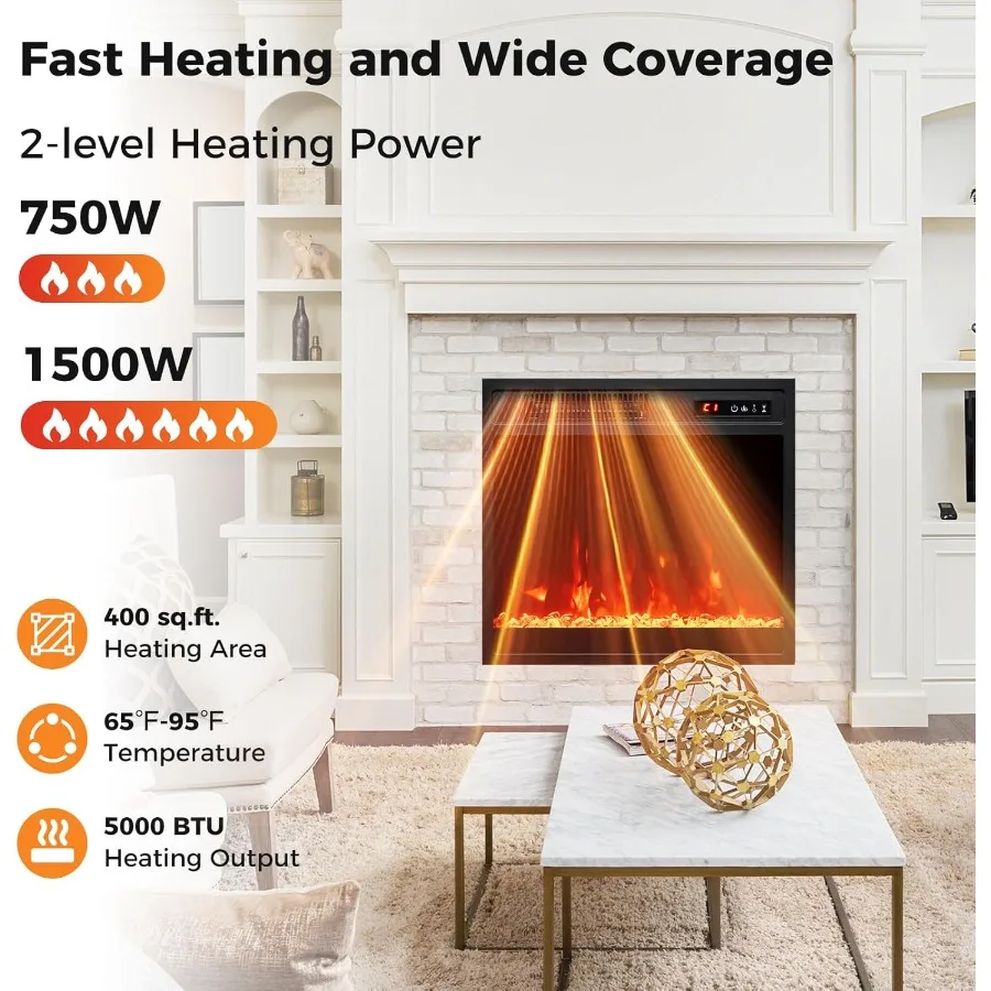 مدفأة كهربائية مقاس 18 بوصة مع جهاز تحكم عن بعد لغرفة المعيشة أو غرفة النوم بسعة تسخين 5000 وحدة حرارية بريطانية من حجر الكريستال Des