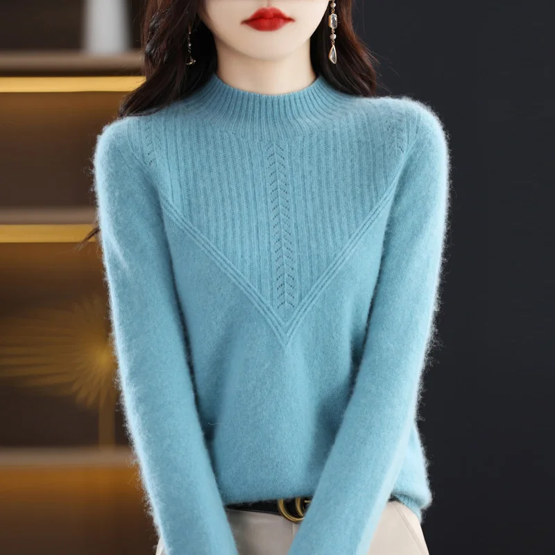 Autumn Winter Fashion Pure Wool Knit Sweater Women Pullover Long Sleeve Half High Collar Warm Triangle Hollow Chic Cashmere Top