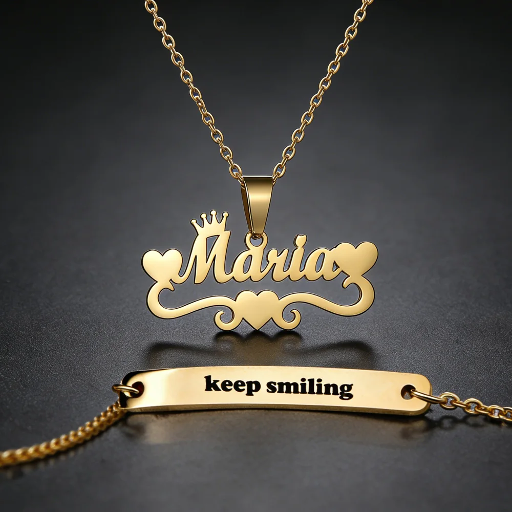 شخصية مخصصة اسم القلب قلادة سوار طقم مجوهرات الفولاذ المقاوم للصدأ نقش اسم تاريخ سوار للنساء هدية عيد ميلاد