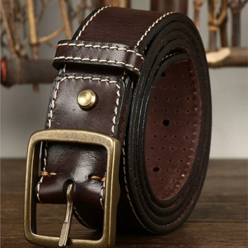 Casual and versatile hollowed-out top layer cowskin needle belt for men leather
