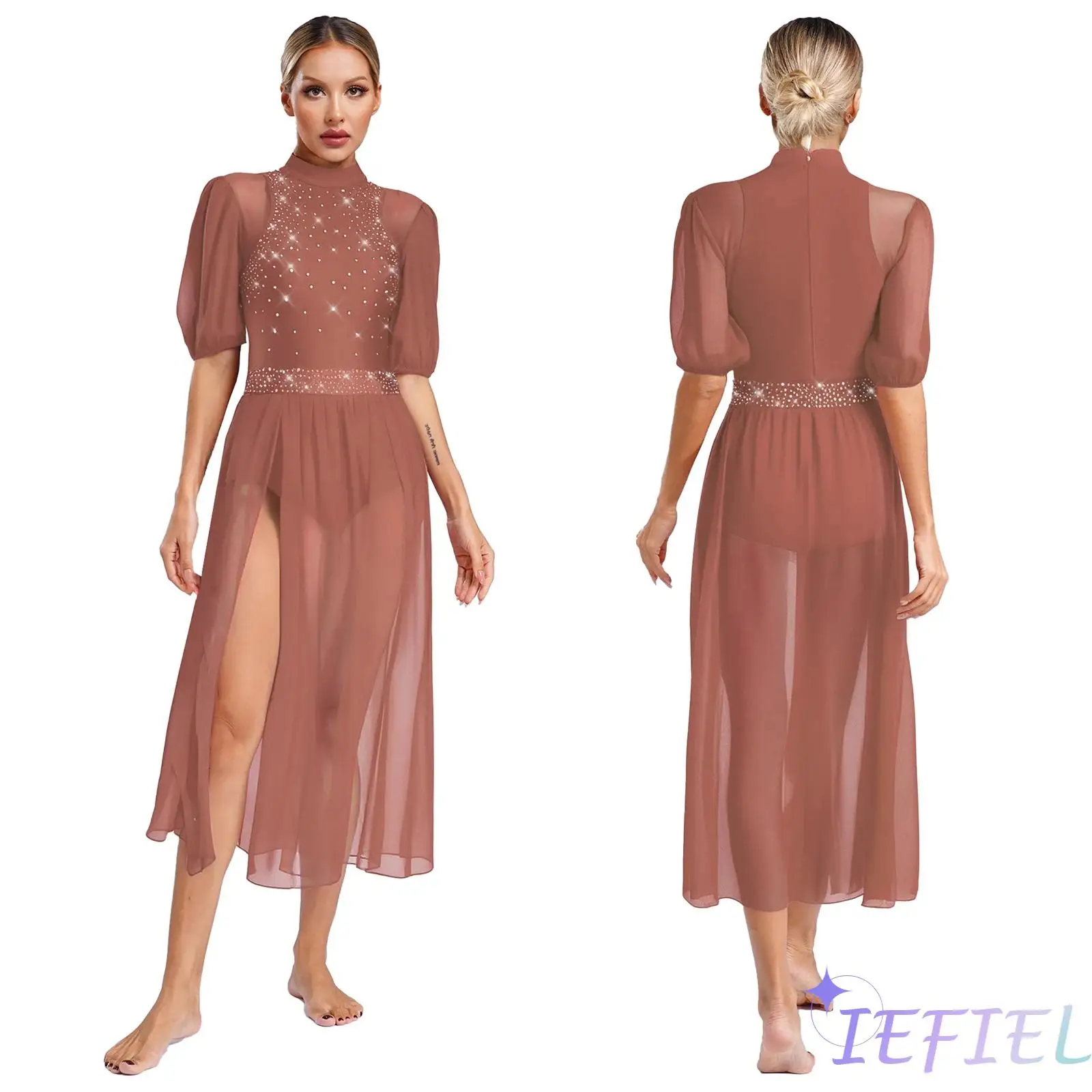

Womens Modern Lyrical Dance Dress Half Sleeve Slit Mesh Hem Buttoned Crotch Sparkly Rhinestone Leotard Dress Stage Dance Costume