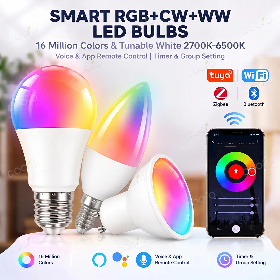 Tuya Zigbee WiFi Bluetooth Smart LED Bulb E27 E14 GU10 RGB+CW+WW Dimmable Lamp Smart Life App Voice Control Alexa Google Home