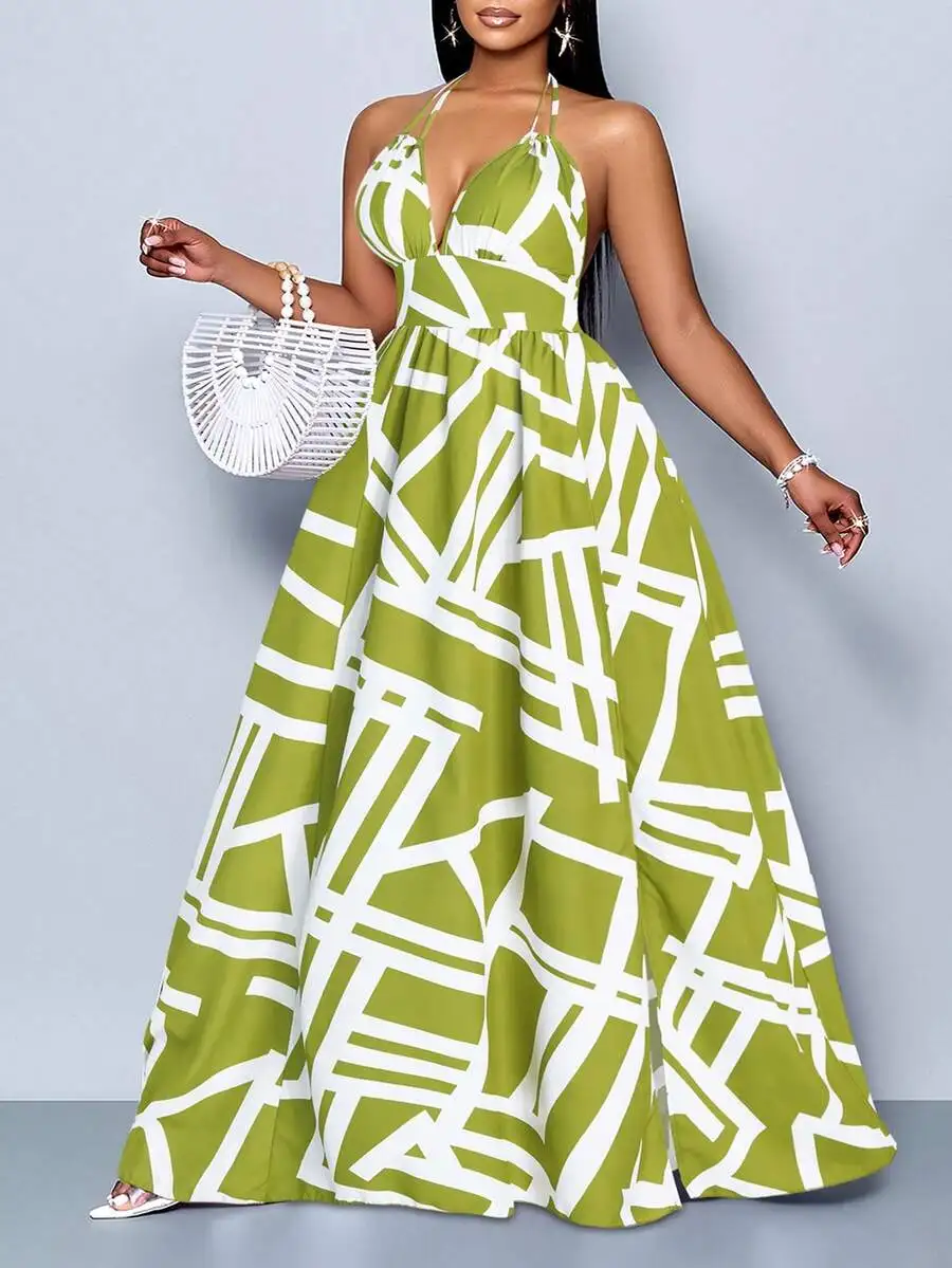 

Women Halter Neck Geometric Print Backless Maxi Dress Vacation Beach Dress