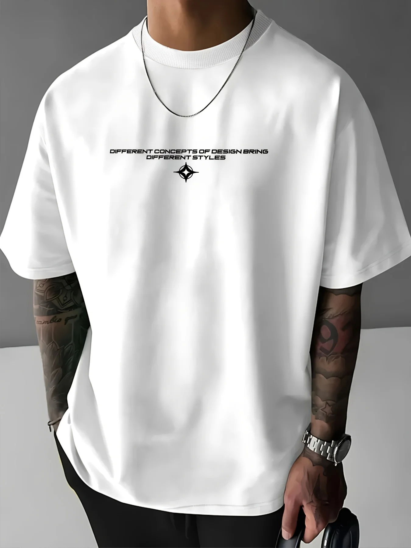 New men's short-sleeve T-shirt, loose-fitting and tailored with printed designs, versatile basic crew-neck top suitable for spri
