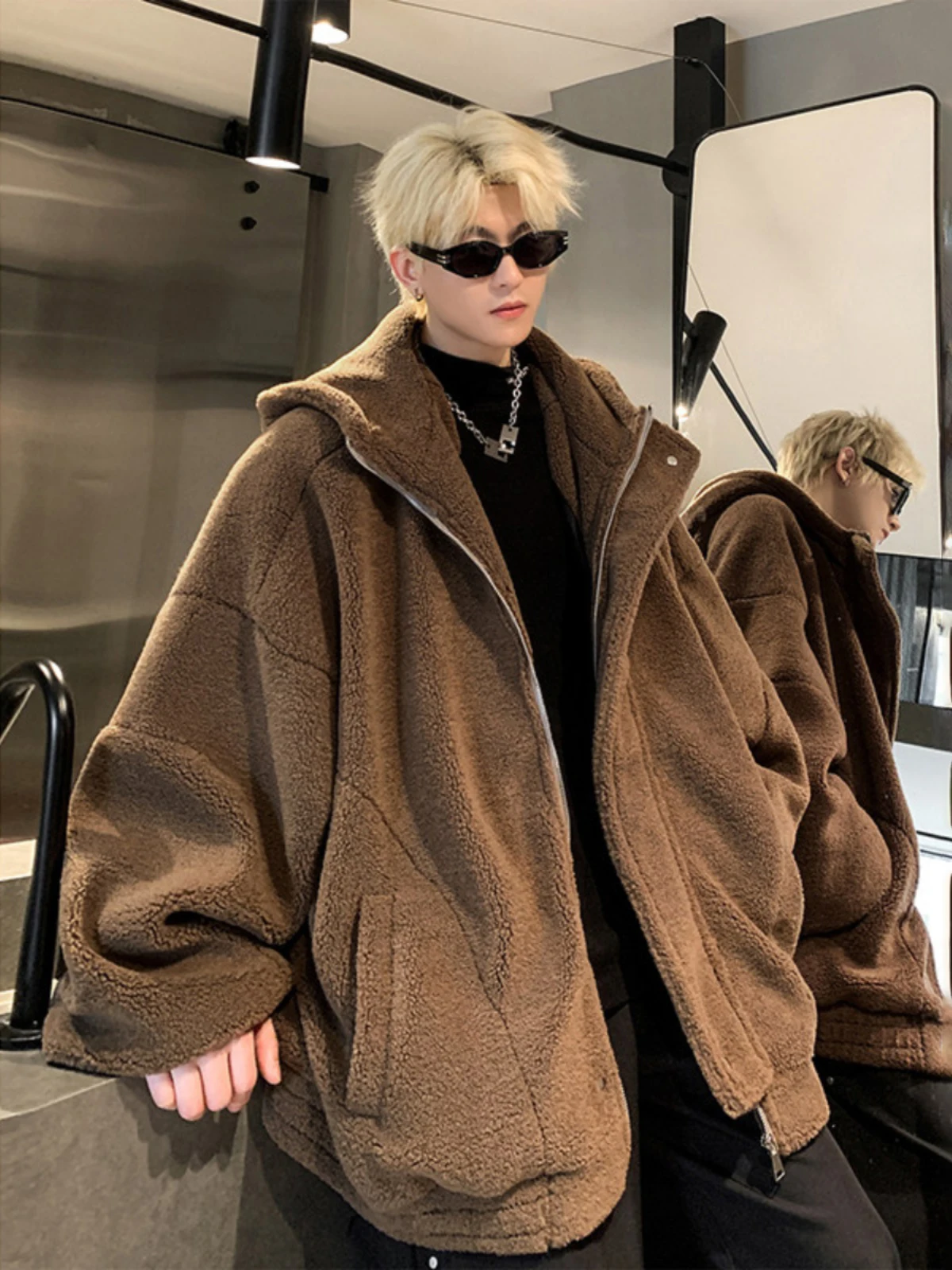 

Thiened Lamb Fur Hooded Cardigan Jaet Men's Autumn Winter American Retro Cotton Coat Youth ular Casual Warm Outerwear