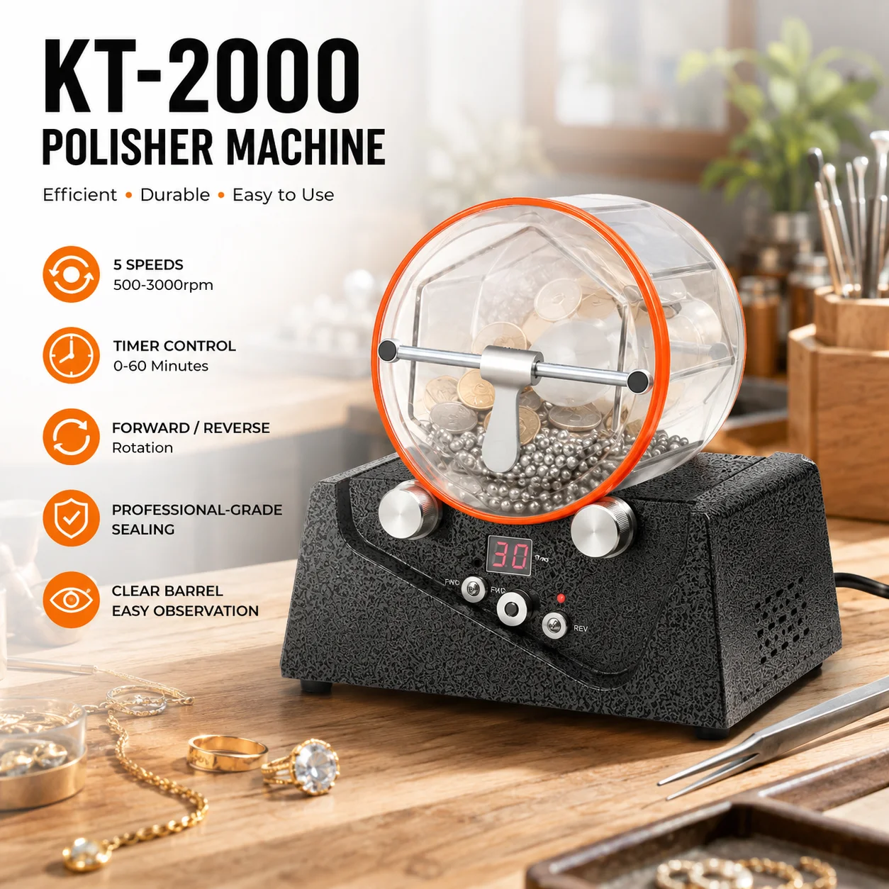 Image of KT-2000 Elektrische Poliermaschine mit einstellbarer Geschwindigkeit und Timer, Poliermaschine mit Polierperlen, 150W, 220V, EU-Stecker, 5 Geschwindigkeiten, 0-60 Min. Timer,
