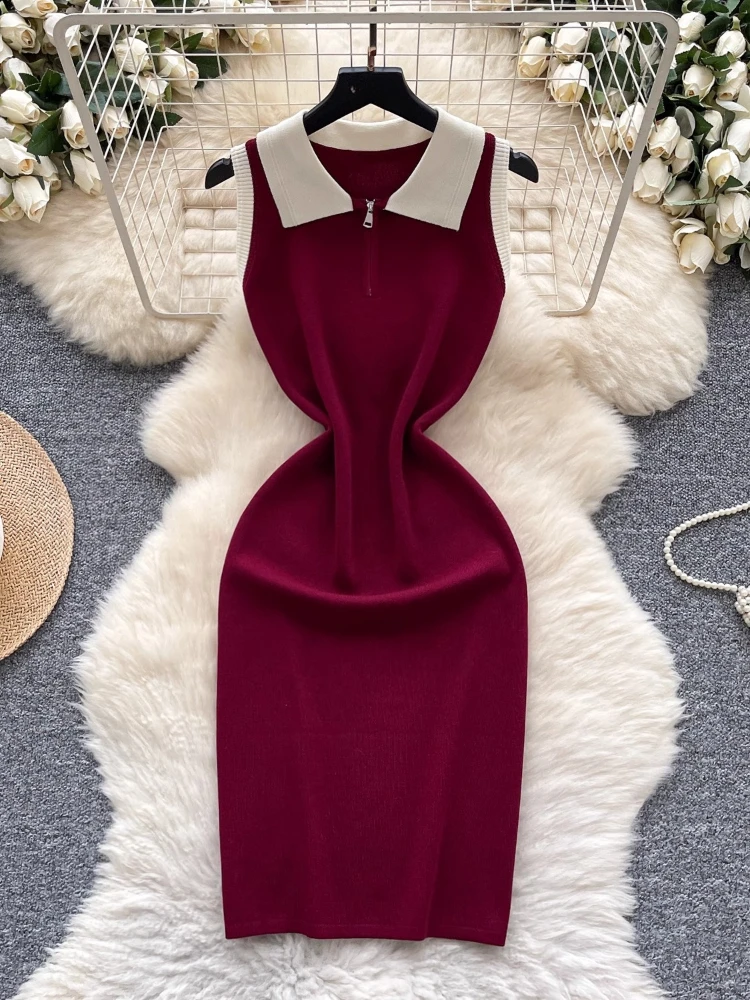 

French Vintage Knit Dress Turn Down Collar Sleeveless Contrast Color Summer Dresses Female Slim Elegant 2025 New Women Clothing