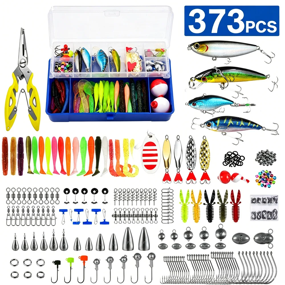 

Complete Fishing Tackle Kit 373PCS with Tackle Box Hard Soft Lures Hooks Pliers Weights Beads For Bass Trout Fishing Gear Set