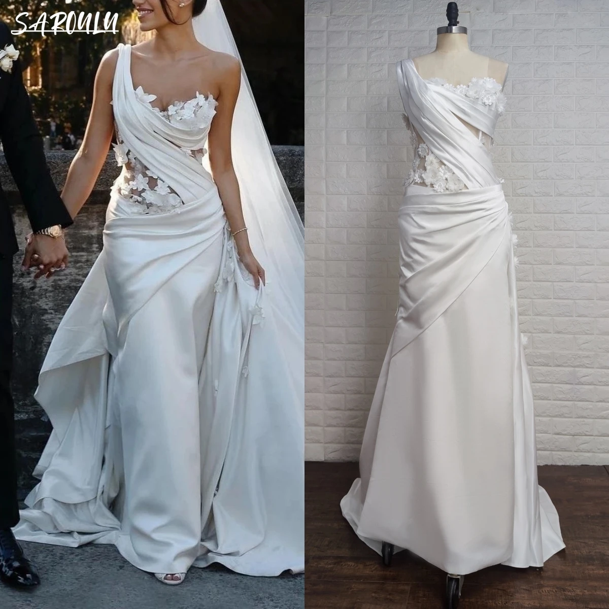 Real Images 3D Flowers Wedding Dresses For Women With One-Shoulder Designer Illusion Backless White Satin Bride Dresses