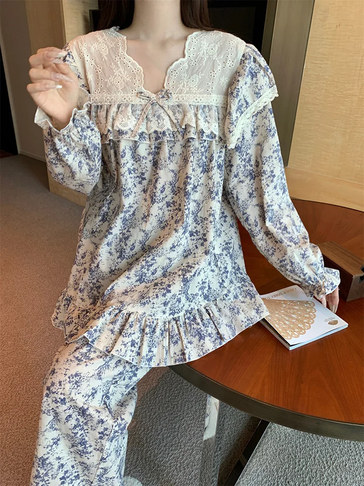 Lace New Home Sweet Print Korean Style Autumn Loose Autumn Long Sleeve Pajama Set Women V-Neck Kawaii Casual Sleep Tops Ins