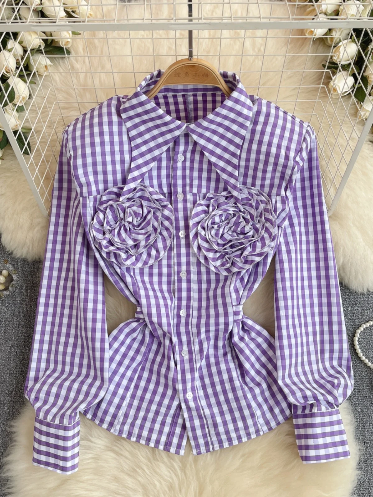 

Women's Vintage Plaid Shirt Slim Fit Floral Tie Waist Design Spring Fashion Top Korean Style Long Sleeve Loose Fit Blouse