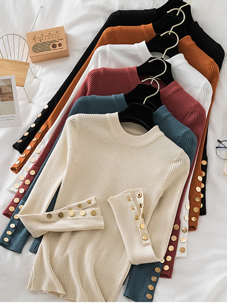 2026 Women Sweater Khaki Casual Autumn Winter Pullovers Button O-neck Chic Sweater Female Slim Knit Top Soft Jumper Tops