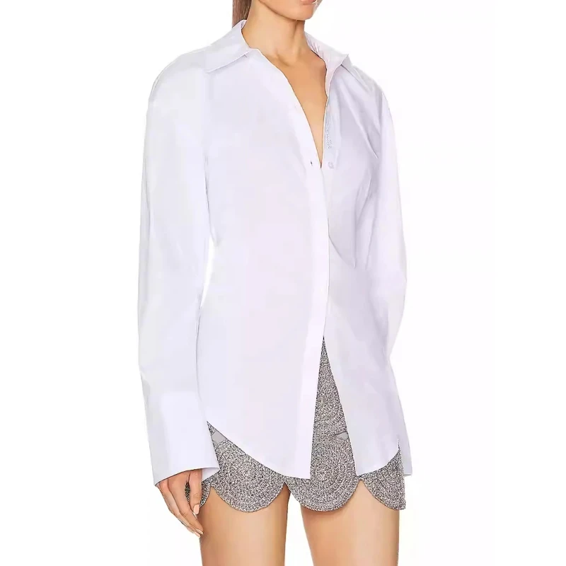 

CasuaSpliced SinglBreasted FashioShirts foWomeLapeLong Sleeves Backless Patchwork LacUp Shirt Female