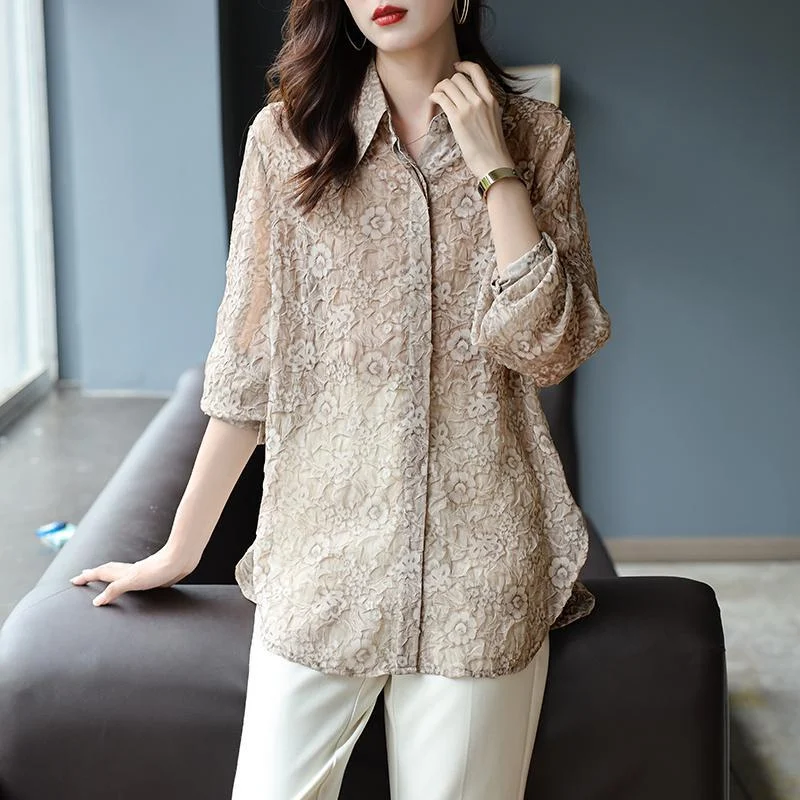 

Vintage Fashion Lace Flower Chic Office Lady Button Up Shirt Casual Loose Street Turn Down Collar Chiffon Tunic Blouse Top Women