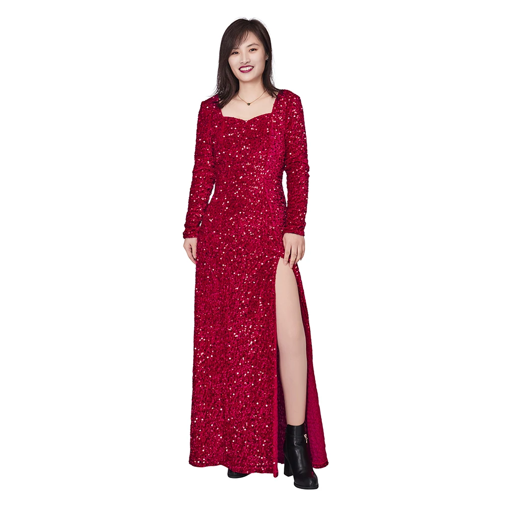 Adult Women Long Sleeve Square Collar Red Sequin Party Dress Cocktail Glitter Bodycon Wedding Evening Dress Halloween Costume