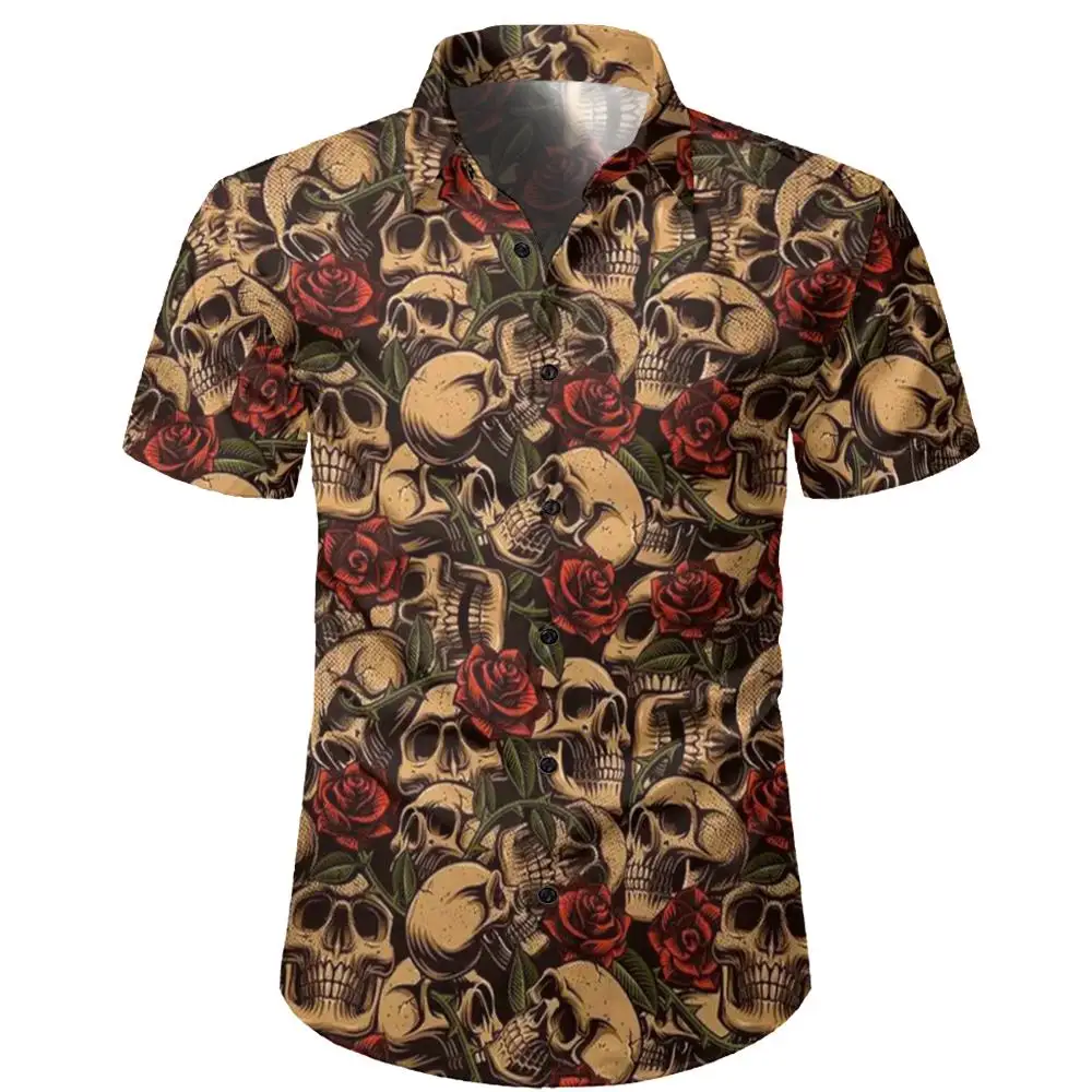 Chemise hawaïenne à manches courtes pour hommes, impression tête de mort 3D, rétro, décontracté, été, asymétrique, revers, Y-2024