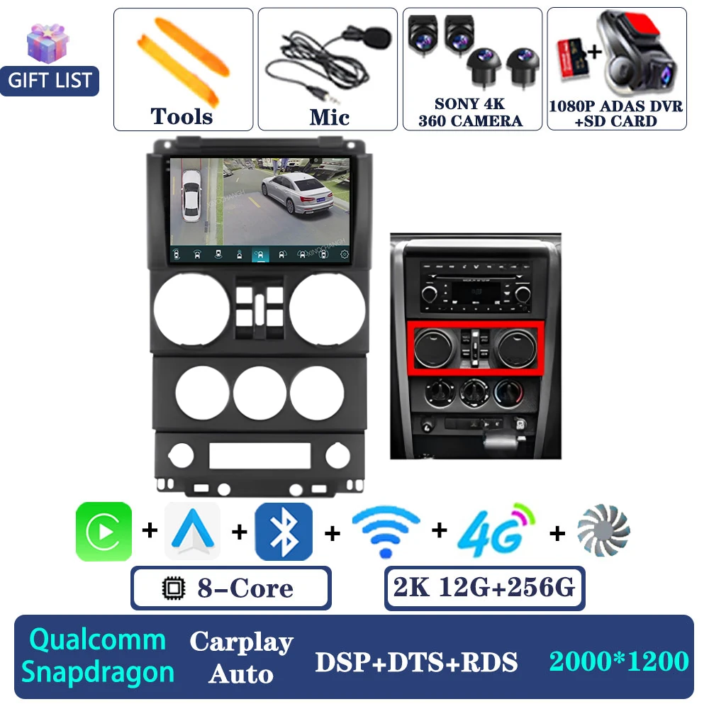 Android 16 autoradio voor Jeep Wrangler 3 JK 2008 - 2010 QLED multimediasysteem videospeler 2DIN Qualcomm 4G LTE 5G WIFI BT GPS