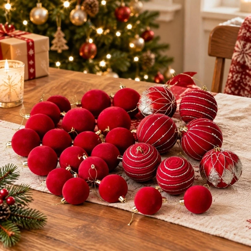 Weihnachts-Hängekugel-Set mit einfarbigen und gemusterten Oberflächen, 3 x – Detail 1