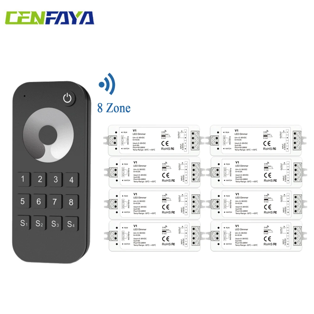 8 ZONE Dimming RF LED Controller Kit Single Color LED Dimmer DC 12V 24V 8-Zone Dimming Touch Wheel 2.4G RF Remote Controller RT8