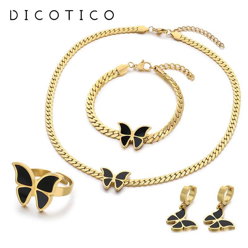 4pcs/set Butterfly Acrylic Earrings Necklace Bracelet Rings For Women Girl Gold Color Stainless Steel Jewelry Sets Wedding Party