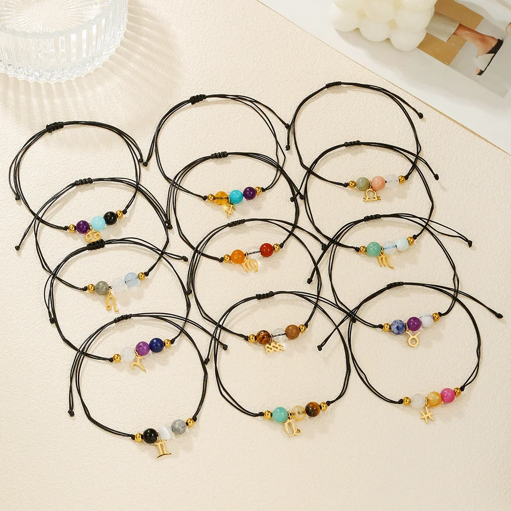 12 علامات زودياك الحجر الطبيعي Charms سوار للنساء الرجال اليدوية مضفر ورق للبطاقات ليو العذراء الميزان سوار هدية قابل للتعديل