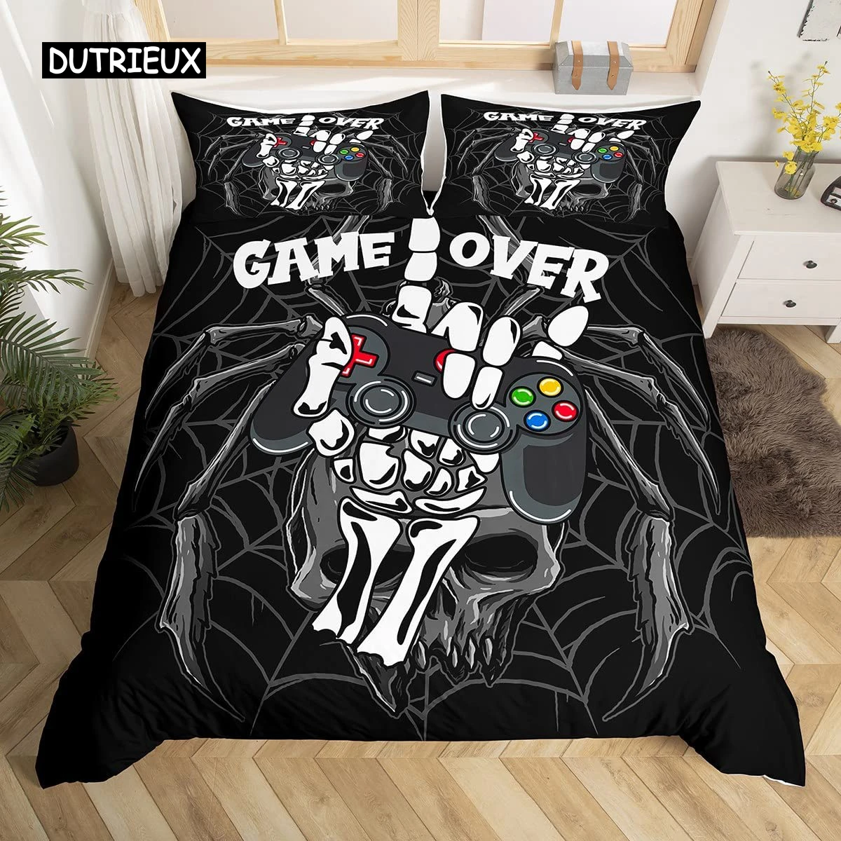 

Gaming Comforter Cover Sugar Skull Gamer Bedding Set Spider Web Halloween Duvet Cover Sets,Hand Skeleton Gamepad Quilt Cover