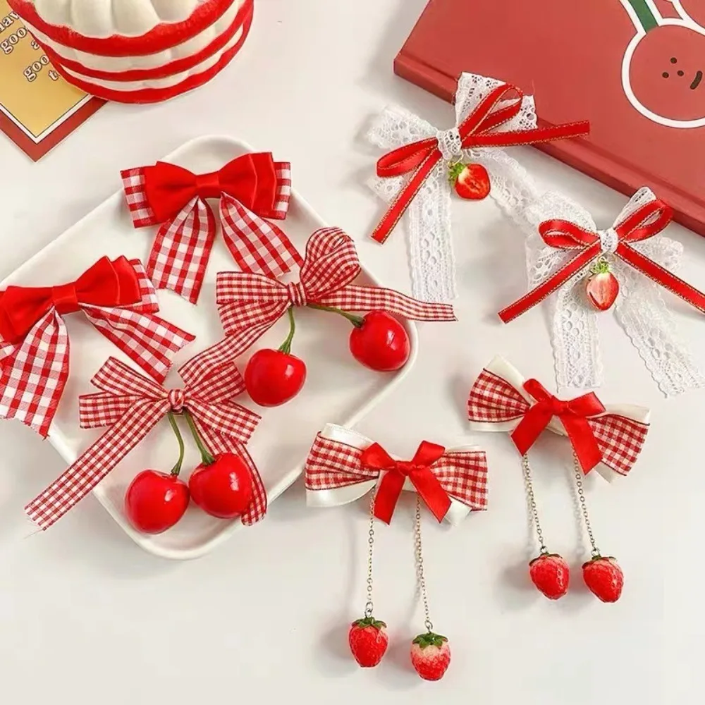 1pair Red Cherry Hair Clip Cute Barrettes Headwear Cloth Bow Strawberry Side Hairpins Headflower Bow Hairpins Girls