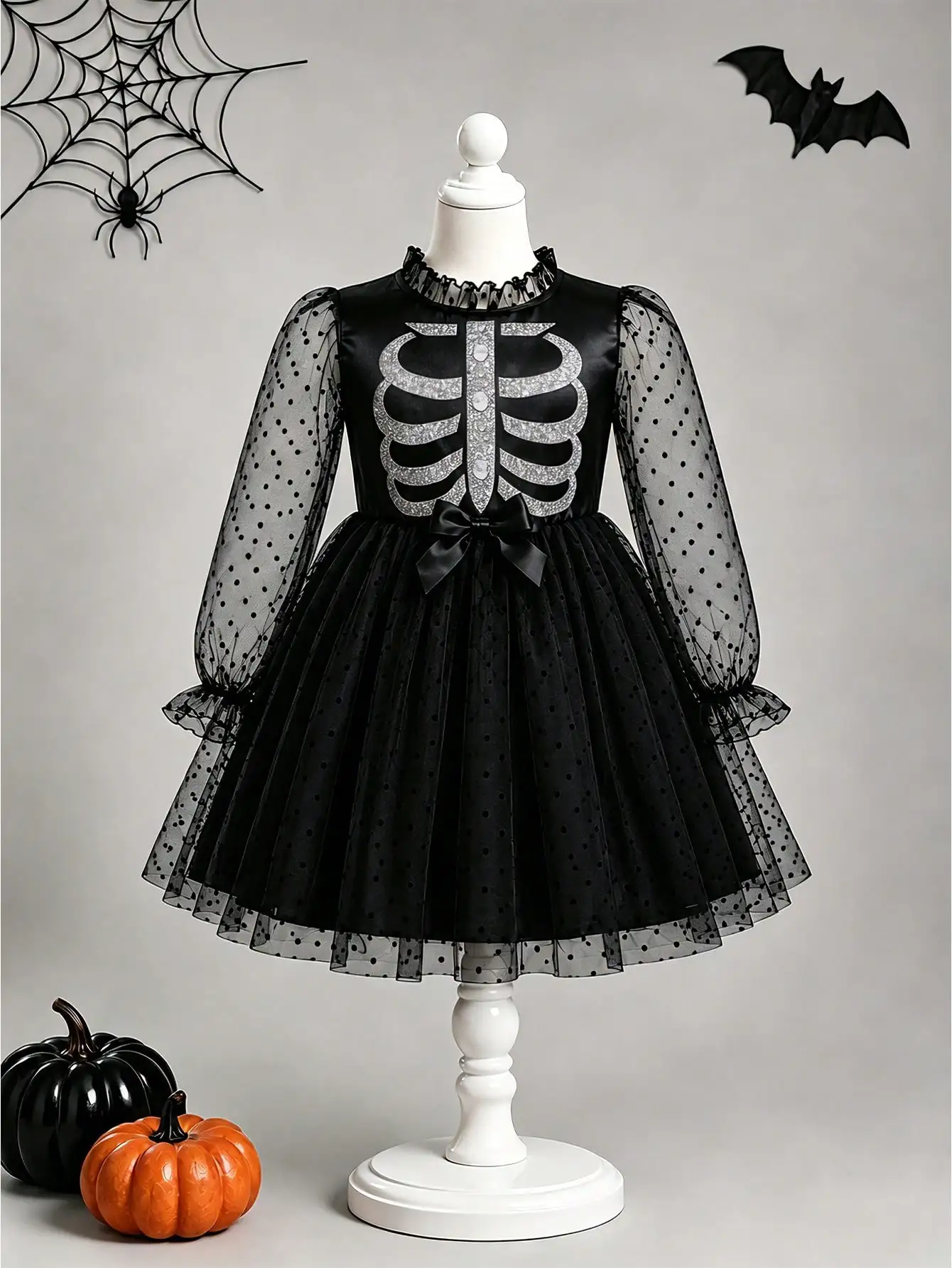 Girls' Autumn/Winter Halloween Rib Print Polka Dot Bubble Long Sleeve Bow Design Mesh Dress, Suitable For Daily Casual, Party, Holiday Atmosphere Outfits