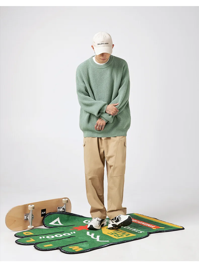 Heavyweight Thick Needle Pit Stripe Texture Sweater Solid Loose Round Neck Knit Jersey Coat man clothes