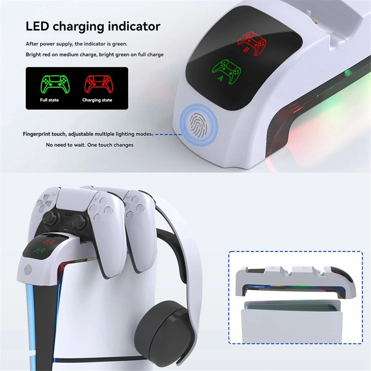 Hot! Suitable for PS5 Game Controller Charger with RGB Lighting Controller Charger Headset Holder Fast Charging Holder